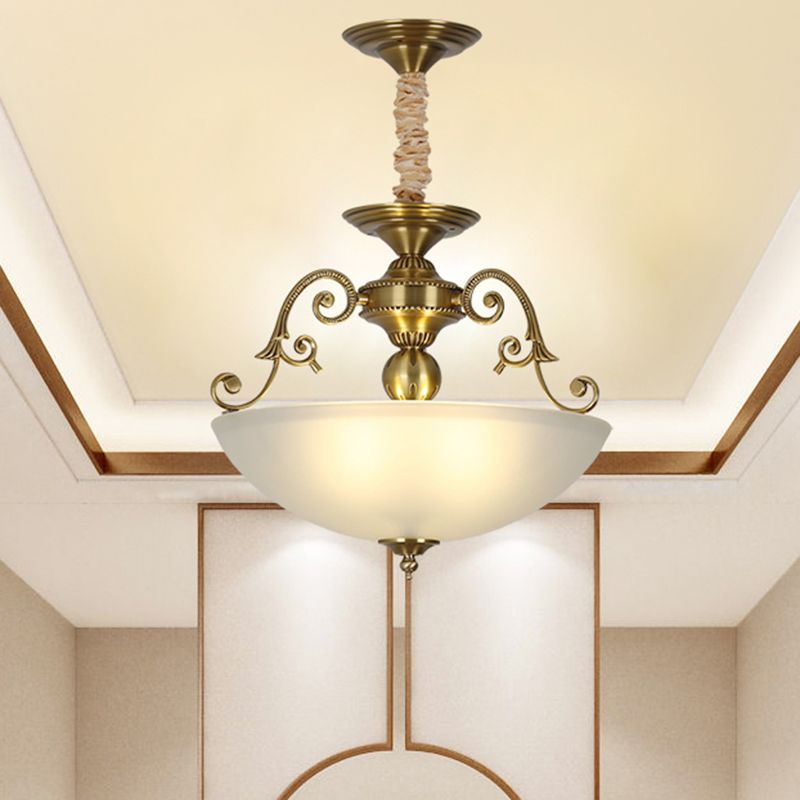 3 Heads Chandelier Light Retro Bowl Frosted Glass Pendant Lighting Fixture in Gold