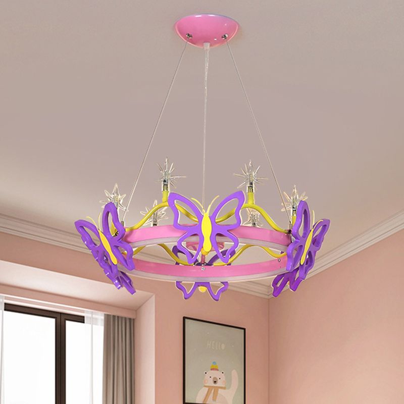 7 Lampenmädchen Zimmer Hängende Kronleuchter Kid Pink Anhängerlampe mit Schmetterling/Kronen -Acrylschatten