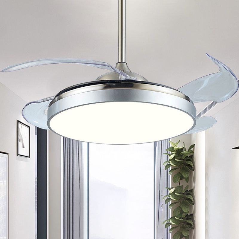 Hedendaagse cirkelvormige semi -spoellicht LED 42 "W Acryl -plafondventilatorverlichting in zilver met 4 heldere messen, externe/wandregeling/frequentieconversie