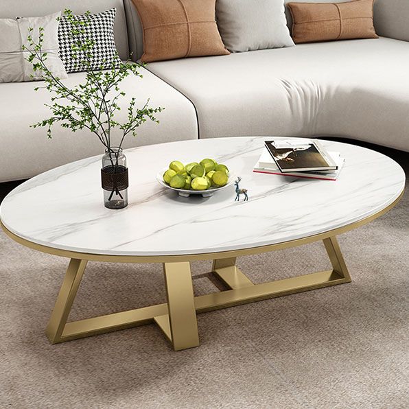 Metal Cross Legs Cocktail Table Luxurious Oval Stone Top Coffee Table