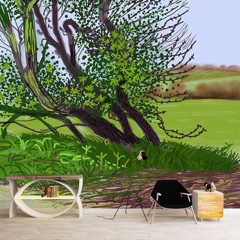 Leaning Tree Art Wall Murals Contemporary Non-Woven Wall Decor in Green for Home