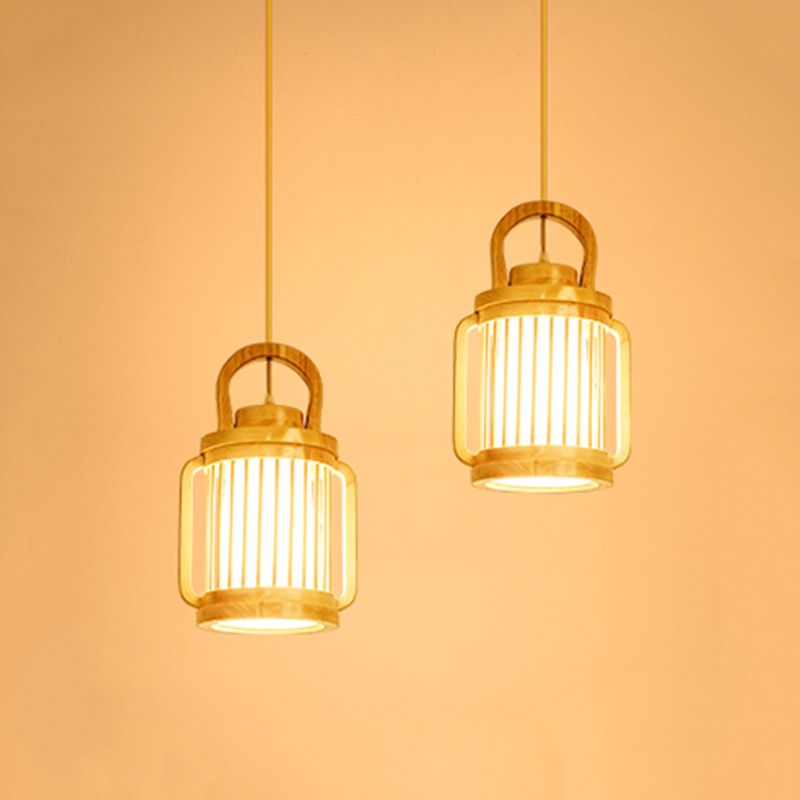 Nordic 2 Heads Hanging Lamp Beige Water Jug Multi Light Pendant Lighting with Wood Shade