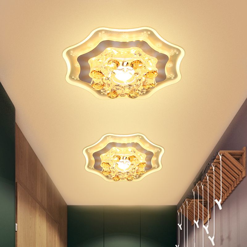 LED Hallway Flush Mount Light Modernism Chrome Ceiling Flush with Bloom Faceted Crystal Shade