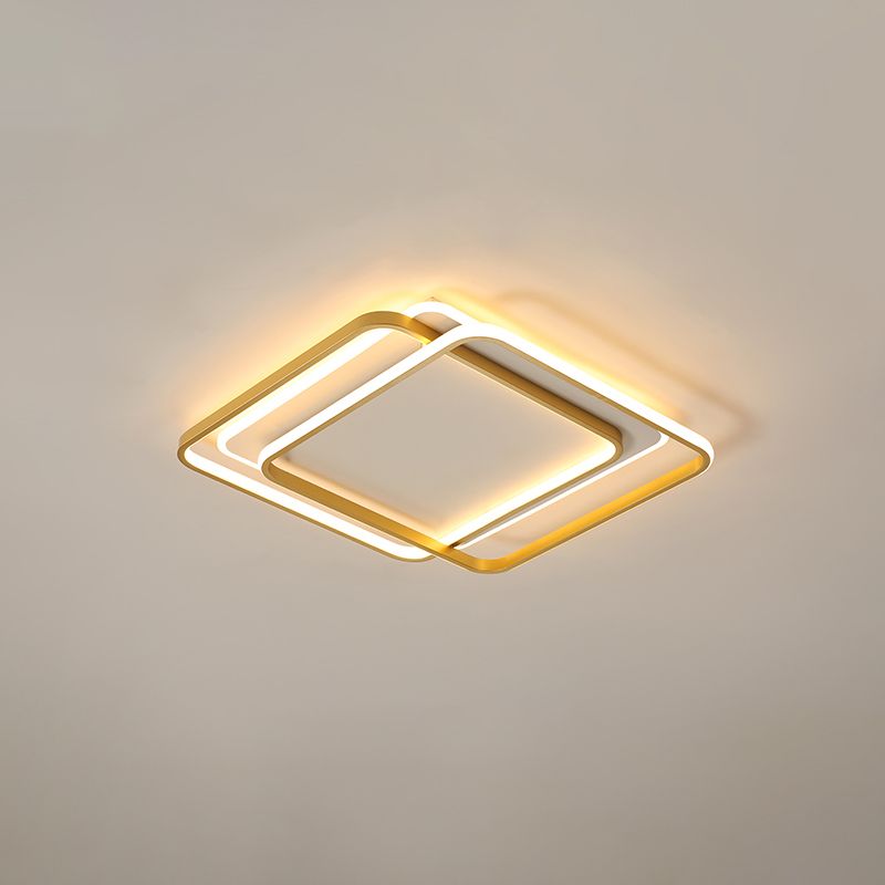 Double Square/Rectangle Parlor Ceiling Lamp Metal Minimalist LED Flush Mount Light in Gold, Warm/White Light