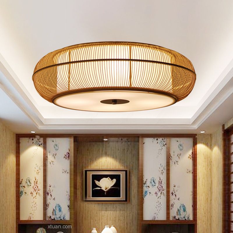 Chinese LED Flushmount Beige Rounded Drum Close to Ceiling Lighting with Bamboo Shade