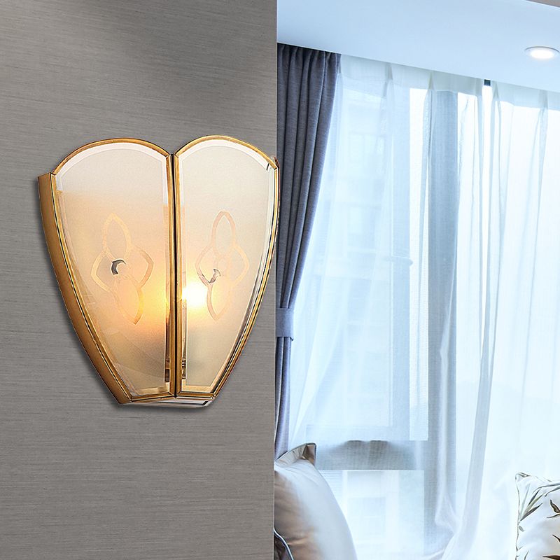 1 Bulb Gold Flush Sconce Light Vintage Style Floral Opal Glass Shade Wall Mount Lighting