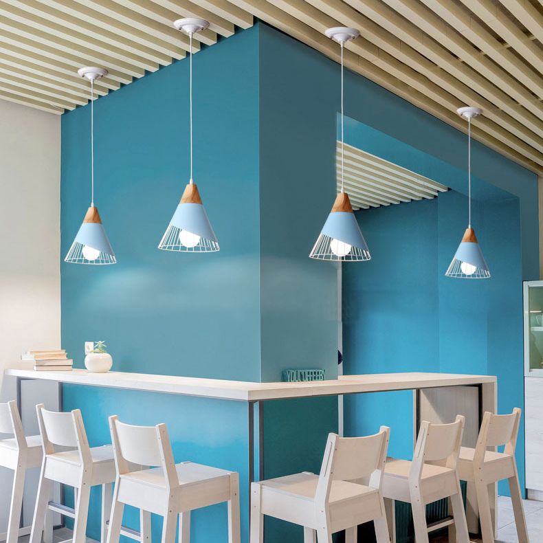Modernism Cone Pendant Light 1 Light Aluminum and Wood Pendant Ceiling Light in Black/Blue for Dining Table