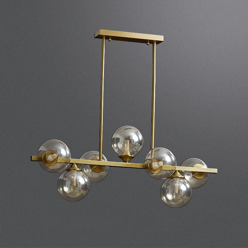 Mid-Century Modern Gold Metal Island Pendant Lighting Spherical Amber Glass Island Ceiling Light for Dining Table