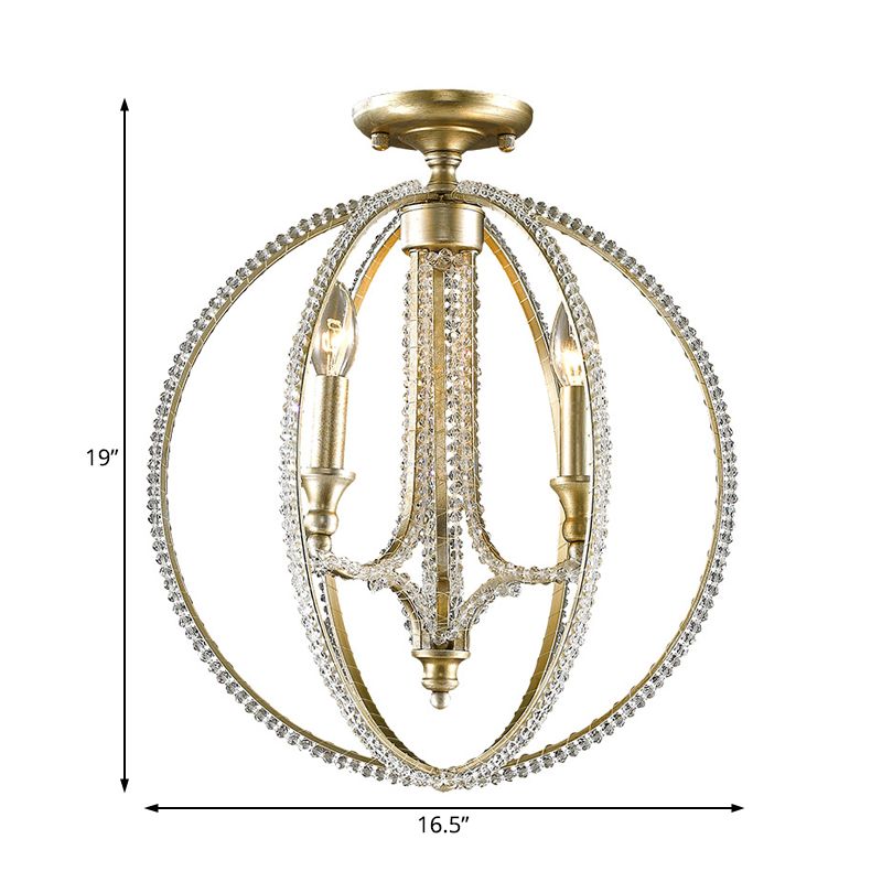 Orb Metal Semi Flush Mount Light Rustic 3 Lights Dining Room Ceiling Light with Crystal Accent in Brass