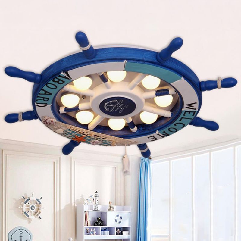 Wooden Ship Rudder Ceiling Lamp Kids 8-Bulb White/Pink/Blue LED Semi Flush Mount Light in White/3 Color Light