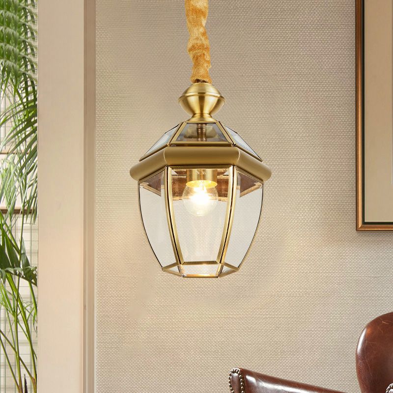 Hexagonal Clear Glass Lantern Pendant Retro 1-Light Foyer Hanging Lamp Kit in Gold