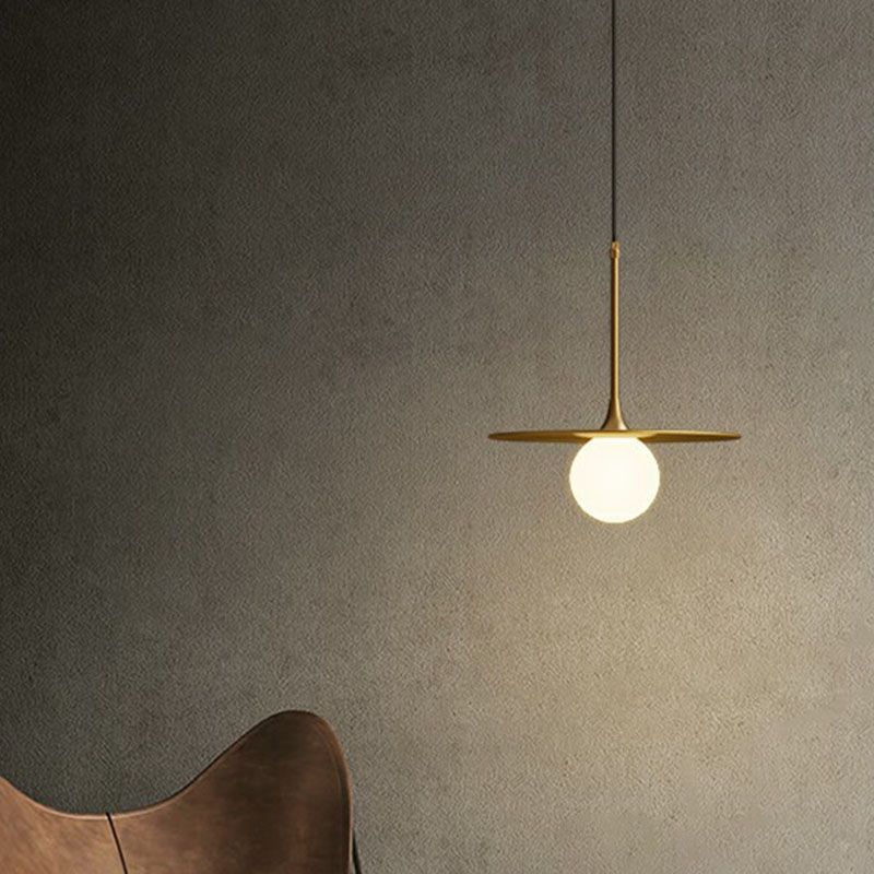 Flat Metallic Ceiling Light Simplicity Single-Bulb Hanging Pendant Lamp with Ball White Glass Shade