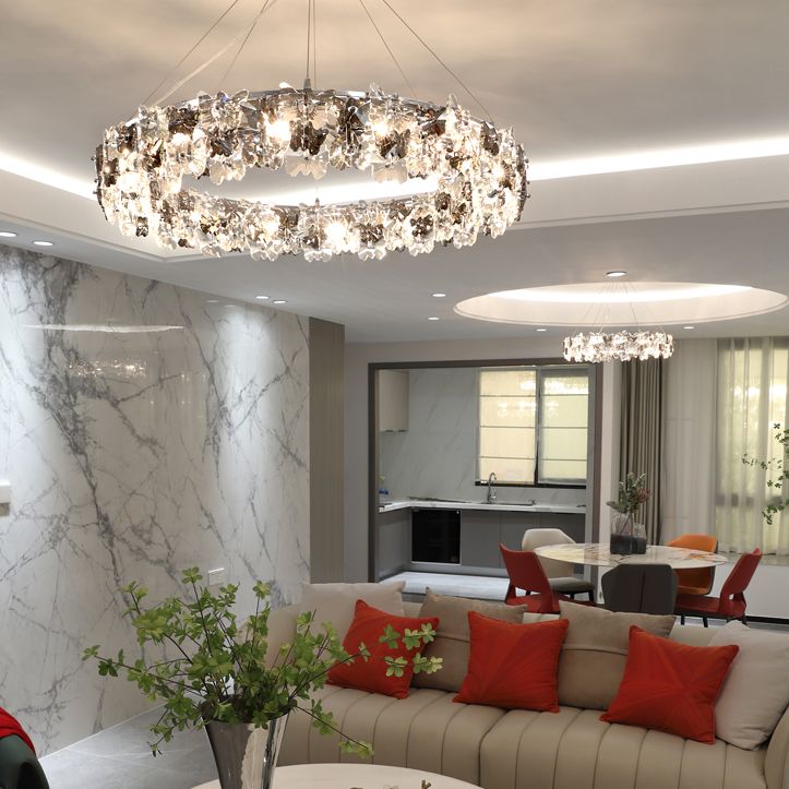 Flowering Butterfly Shape Crystal Circular Pendant Lamp for Living Room Bedroom