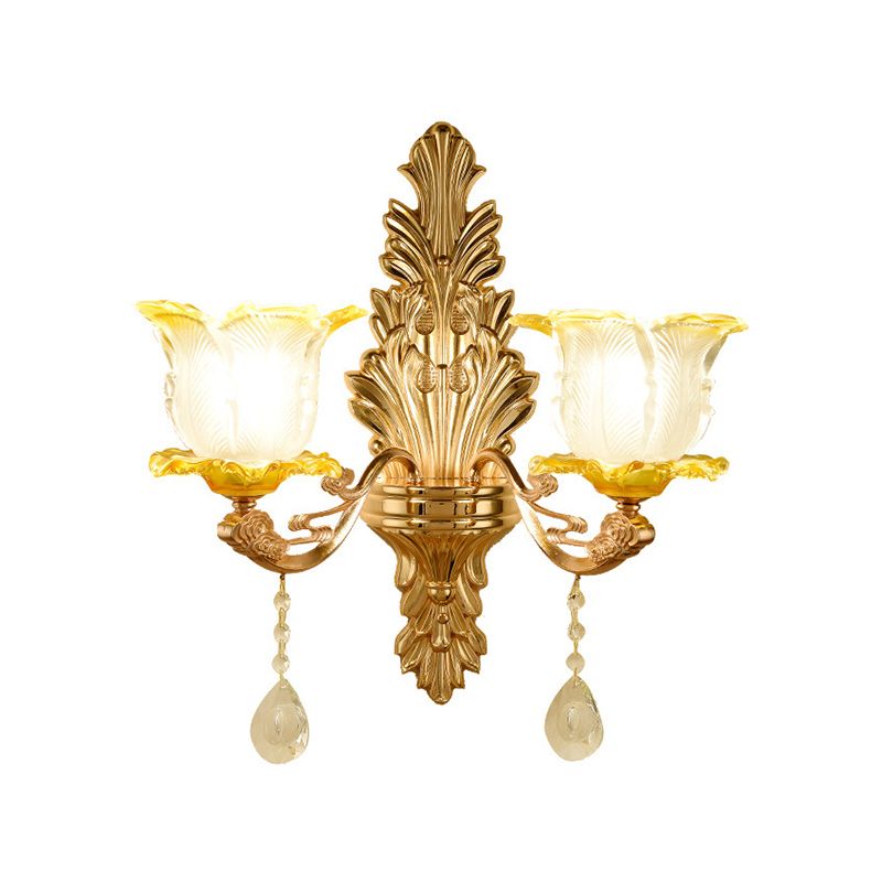 Gold Wall Mount Light Retro Glass Floral Shade Wall Lighting with Hanging Crystal
