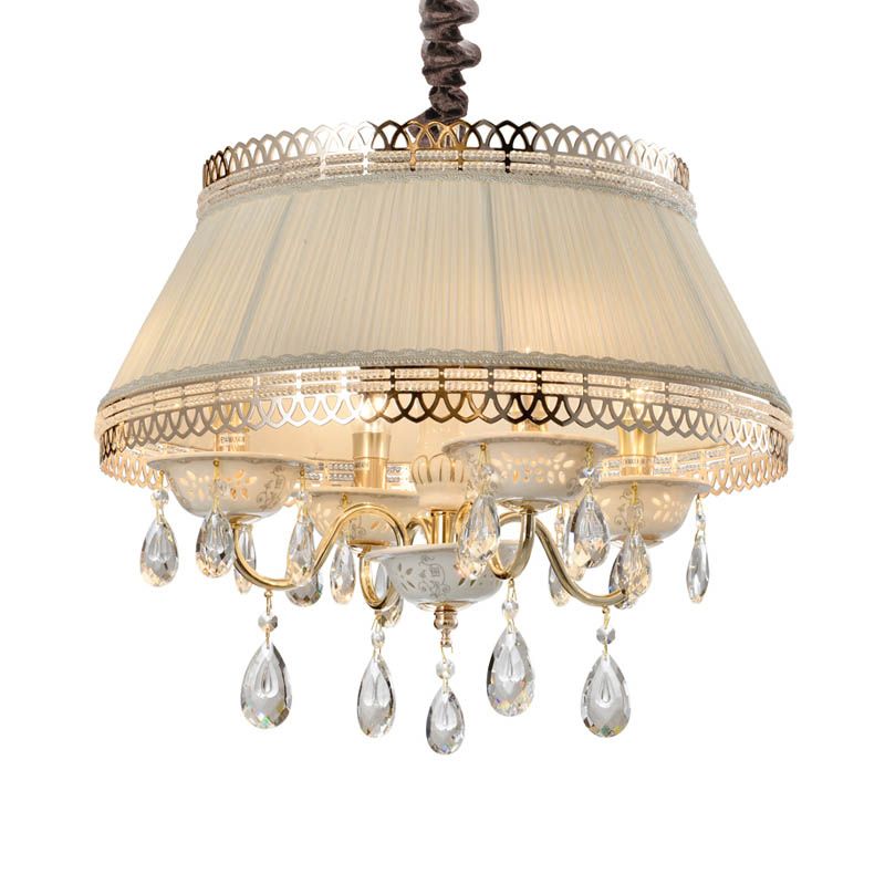 Empire Shape Fabric Light Chandelier Contemporary 4 Heads Bedroom Pendant plafond Light en gris / beige avec goutte de cristal