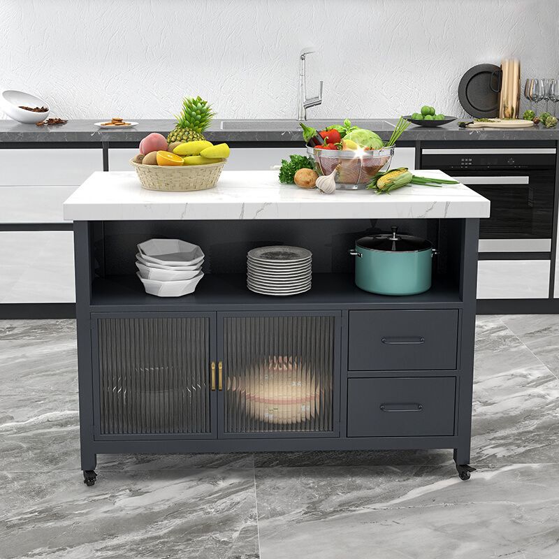 Faux Marble Rectangle Kitchen Cart with Metal Base and Wheels