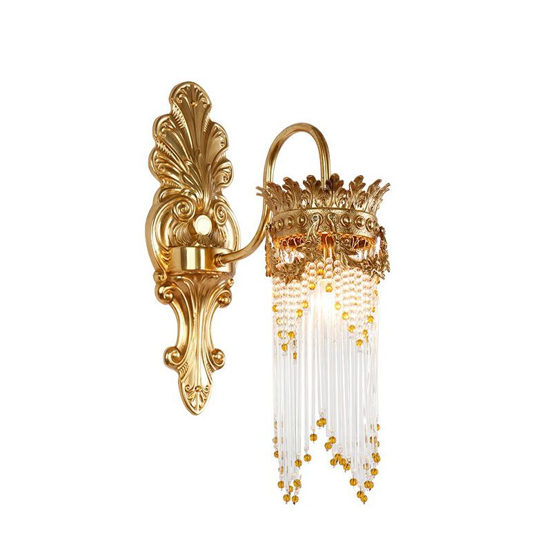 Gold Crown Shaped Wall Light Traditional Metal Living Room Sconce Lamp with Crystal Fringe