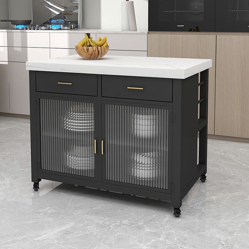 Faux Marble Top Kitchen Island Cart Modern Rectangle with 2 Drawers