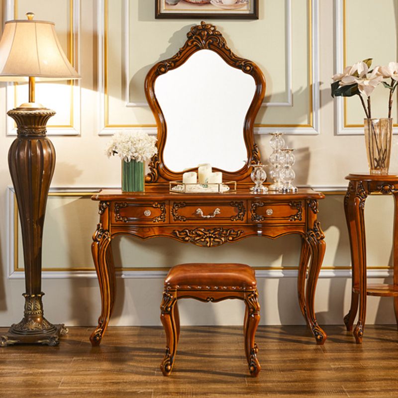 17.71" Wide Brown Vanity Set with Mirror Wood Vanity Tables with 3 Storage Drawers