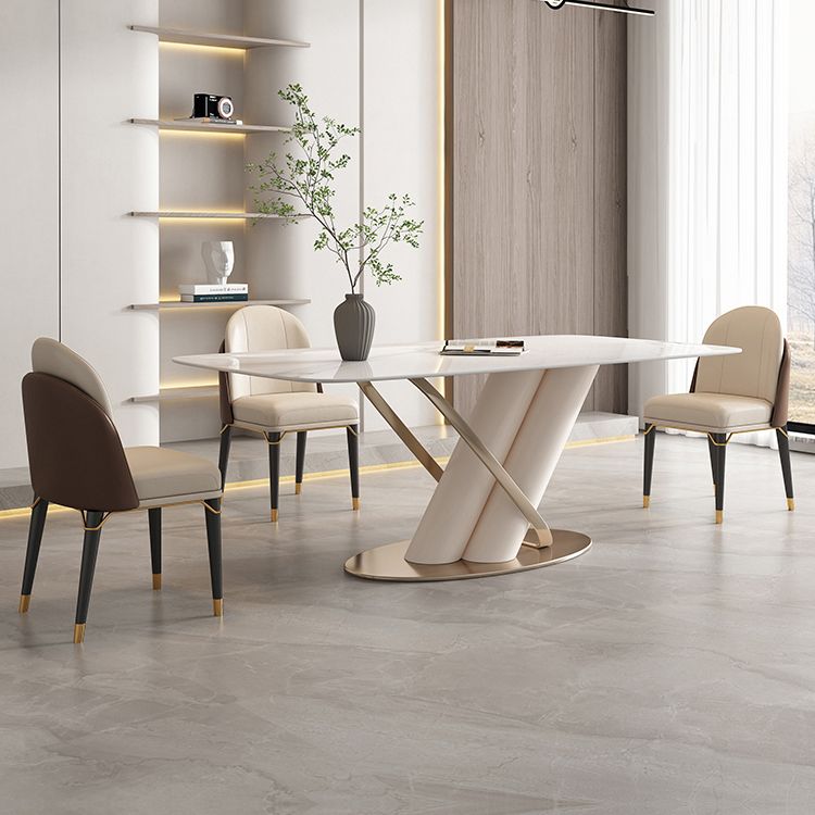 Contemporary Rectangle Shape Sintered Stone Top Dining Set Standard Kitchen Dining Set in White