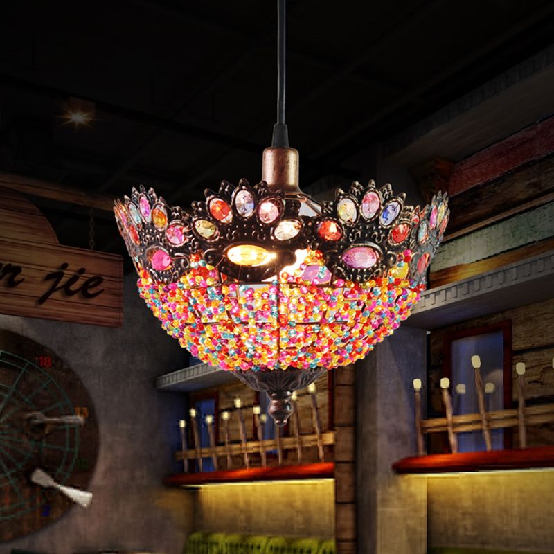 Bohemian Bowl Hanging Light Fixture 1 Light Metal Drop Pendant in Rust for Restaurant