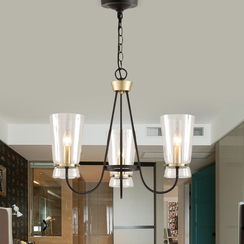 Heldere glazen kegel hangende kroonluchter vintage 3/6 lichten slaapkamer suspensielamp in zwart met gebogen arm
