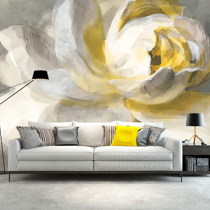 Whole Illustration Retro Mural Wallpaper for Living Room with Blossoming Lotus Oil Painting in Yellow and White