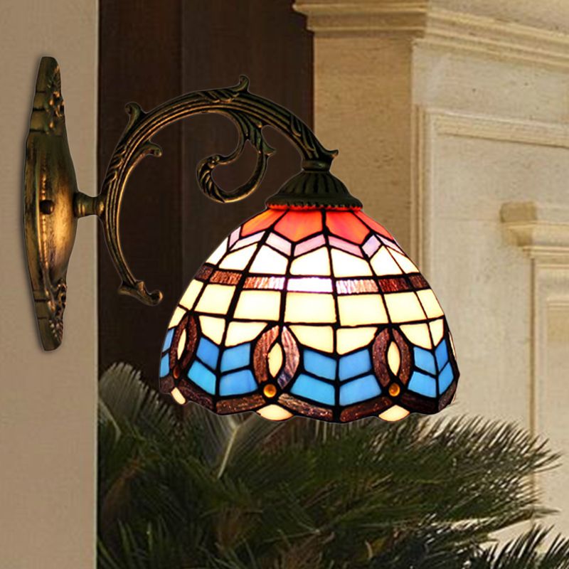 Blue Bowl Shade Wall Sconce Retro Stained Glass 1 Light Wall Mount Light