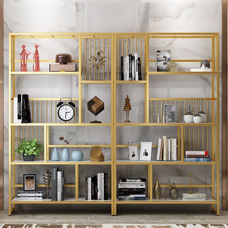 Glam Vertical Open Etagere Bookshelf Iron Frame Manufactured Wood Shelf Bookcase
