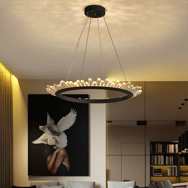Black/Gold Ring Pendant Chandelier Modern Crystal Accent LED Pendant Light Fixture in White/Warm Light for Living Room, 19.5"/23.5" Wide