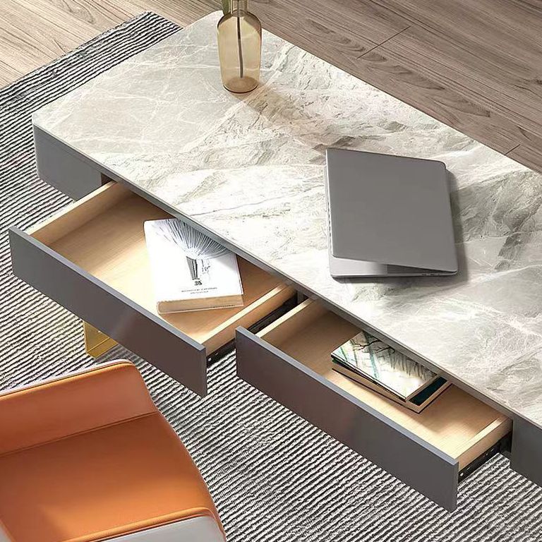 Glam Style 2-drawer Office Desk Sintered Stone Top Desk with Stainless Steel Legs