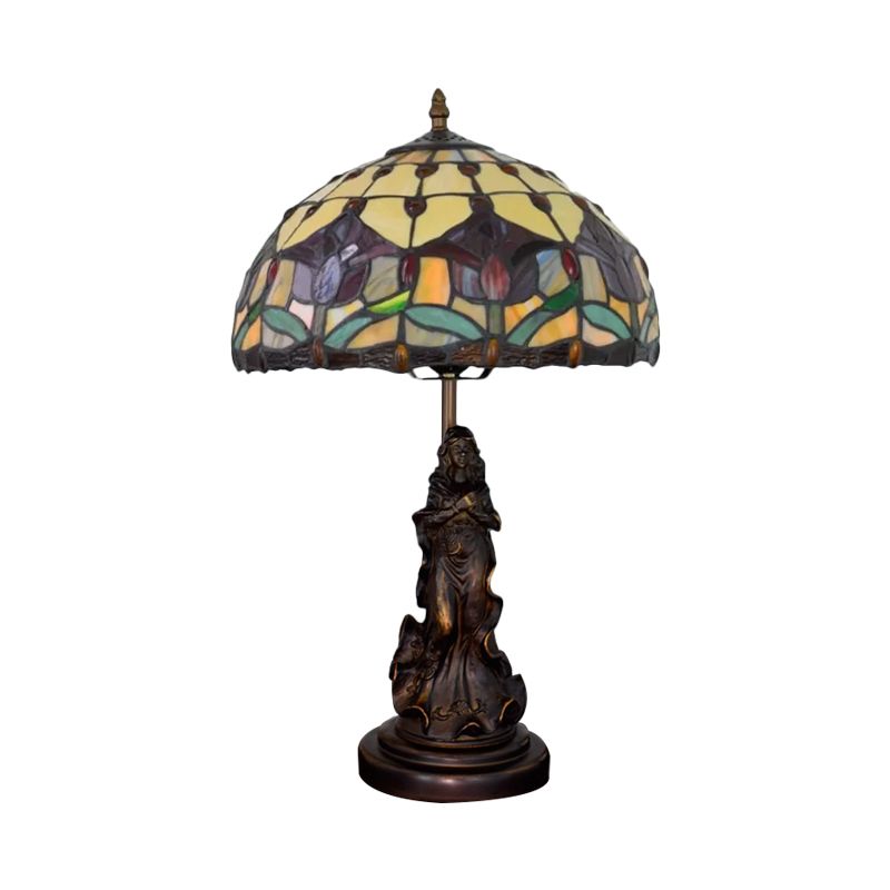 Magpie/flor de cúpula estampada lámpara nocturna Tiffany White/beige Vidrete 1 cabezal de mesa de bronce Luz con pedestal de ángel