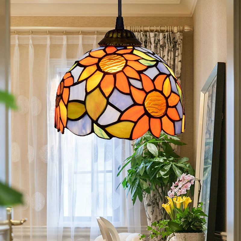1 Bulb Pendant Lighting Tiffany-Style Domed Orange-Blue Stained Glass Ceiling Hanging Light