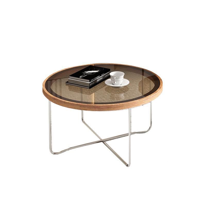 Cross Legs Base Design Cocktail Table Glass Desktop Round Coffee Table with Metal Base