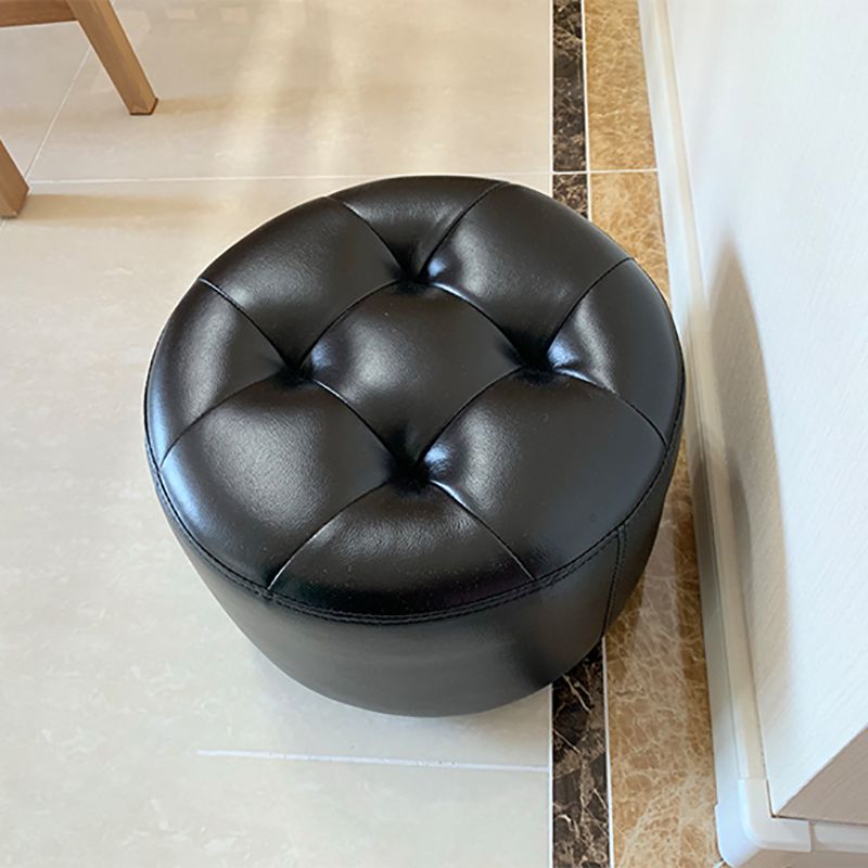 Mid-Century Modern Pouf Ottoman Genuine Leather Upholstered Tufted Cylinder Shape Ottoman