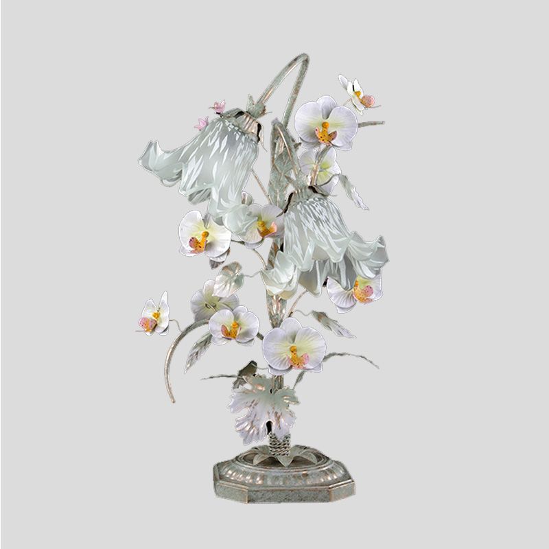Metal Silver Night Table Lamp Flower 2 Bulbs Countryside Nightstand Lighting for Living Room