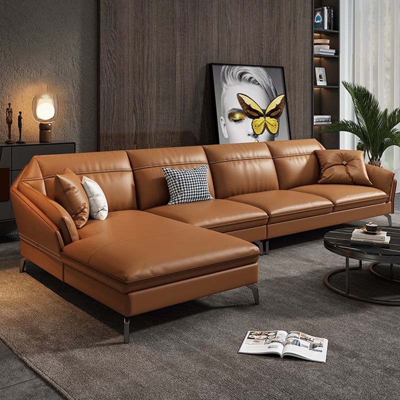 Sloped Arms Genuine Leather Sectional Sofa 35.43"High Cushion Back Sofa, Dark Brown