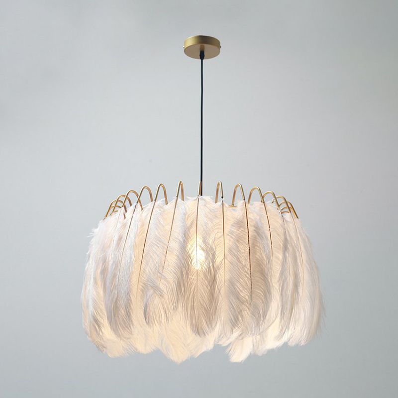 Ostrich Feather Ceiling Chandelier Modern Creative White Hanging Ceiling Light for Girl Bedroom