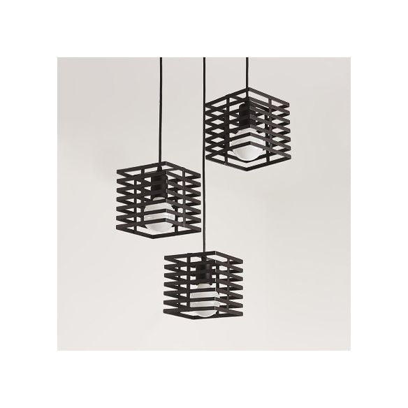 3 Lights Cubic Hanging Lamp with Cage Shade Retro Industrial Black/White Metal Pendant Lighting