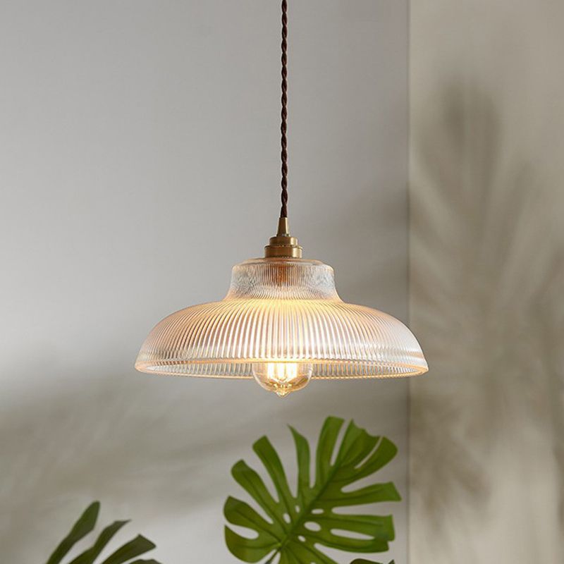 Bowl Shaped Cafe Pendant Lighting Retro Clear Striped Glass Single Brass Hanging Lamp