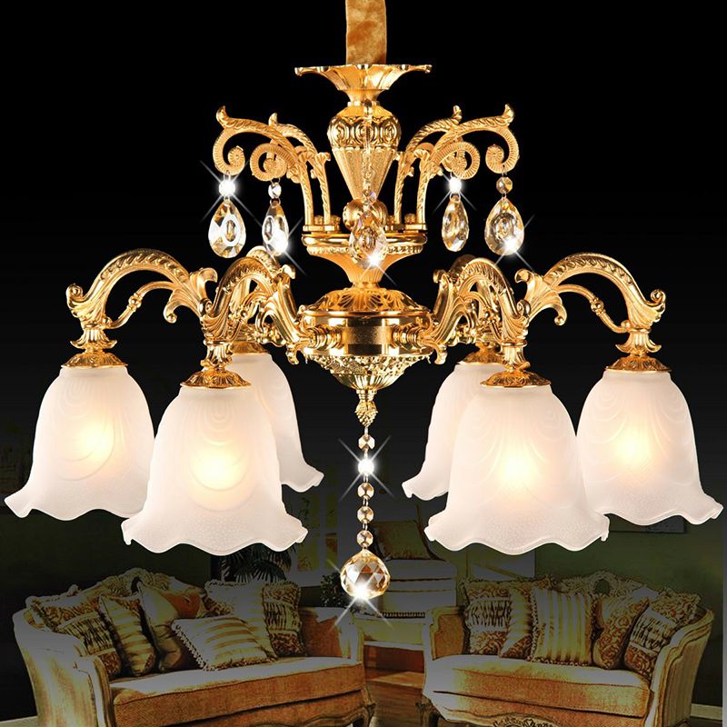 Gold Flower Down Lighting Traditional Cream Glass 6 Heads Dining Room Chandelier with Crystal Teardrops