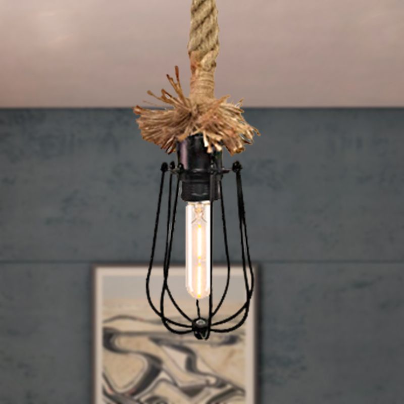 Lampada di sospensione a forma di lampadina nera industriale 1 illuminazione a sospensione in metallo con protezione e corda regolabile