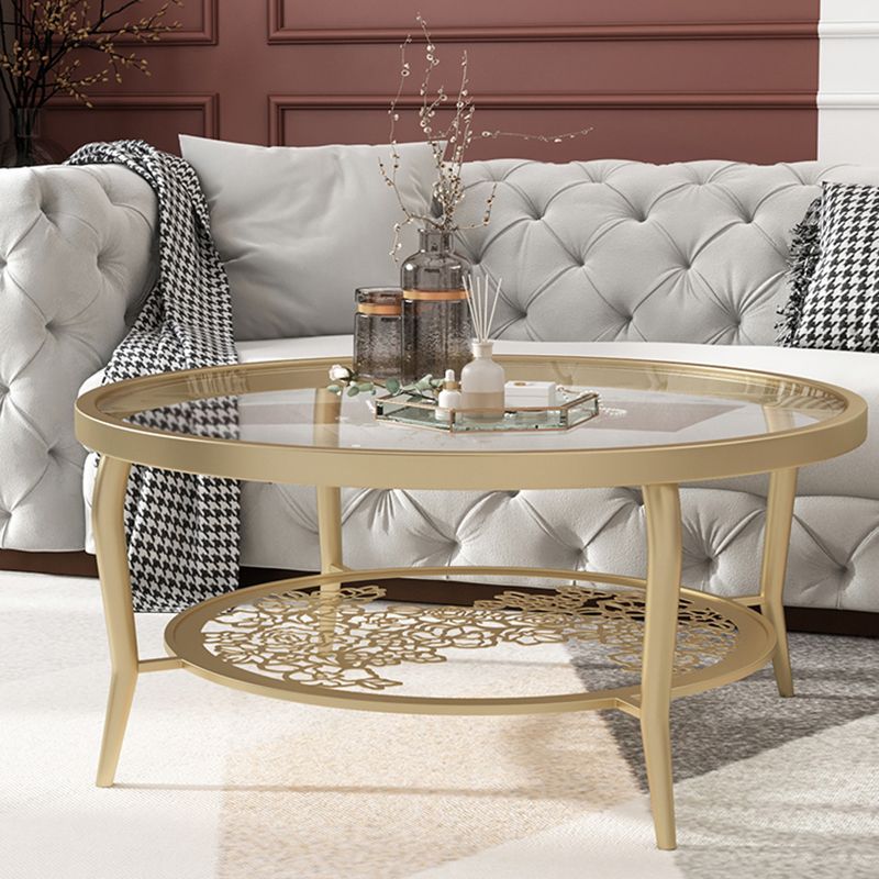23.6"/17.7"H Modern 4 Legs Steel Base Glass Round Coffee Table with Shelf