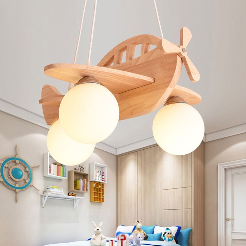 3 lumières Airplane Pendant Light Aymator Cartoon Suspension en bois Pendante Lumière avec bouche Boule Blanc Shade