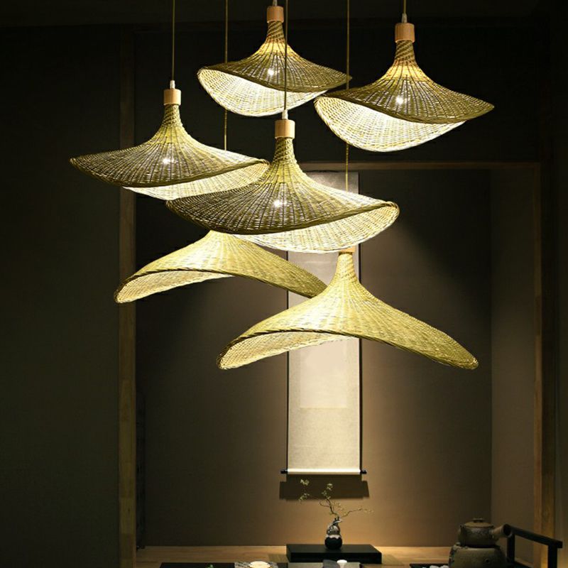 Green-Yellow Straw Hat Shaped Pendant South-East Asia Single Natural Bamboo Fiber Suspension Light