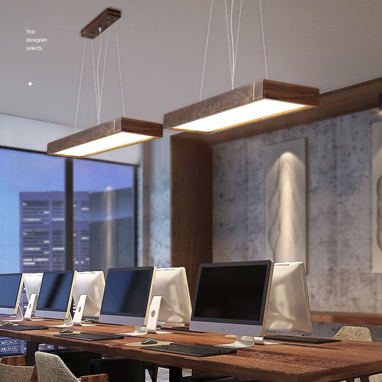 Walnut Wood Rectangular Pendant Light Nordic Dark Brown LED Hanging Light over Island