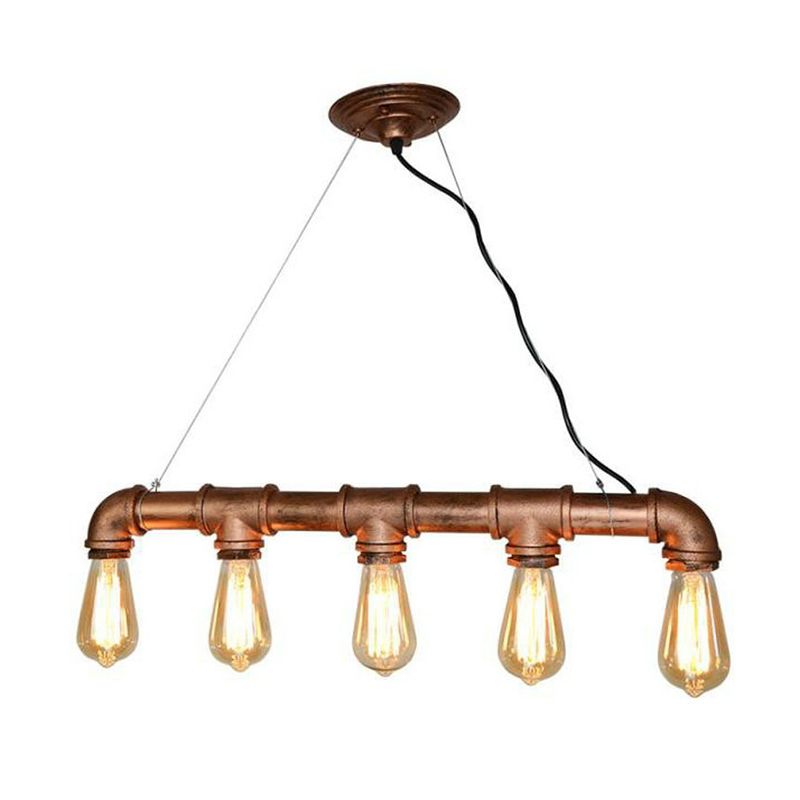 Antique Water Pipe Pendant Light 5 Heads Iron Hanging Island Light in Rust for Restaurant