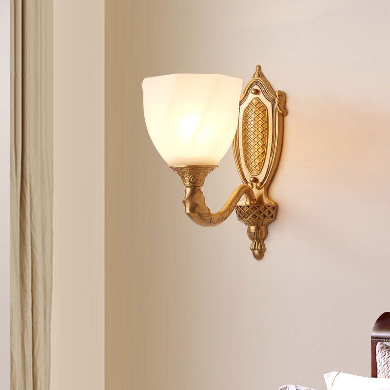 1/2 Lights Frosted Glass Wall Sconce Light Retro Gold Dome Entry Wall Lamp with Metal Scrolled Arm