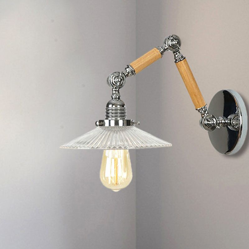 One Bulb Wall Light Saucer Shade Ribbed Glass Vintage Study Room Sconce Lighting Fixture with 8"+8"/6"+6"/8"+4" Extendable Wooden Arm