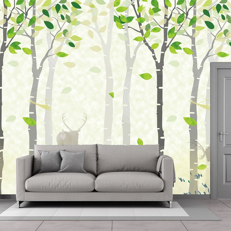 Deer in Spring Forest Murals Yellow-Green Nordic Style Wall Covering for Living Room